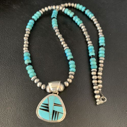 Navajo Inlay Blue Turquoise Onyx Pendant Necklace | Sterling Silver | Authentic Native American Handmade | 13656