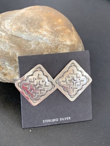 Native American Women's Post Earrings | 1" Navajo Sterling Silver Stamped | Handmade | 1655