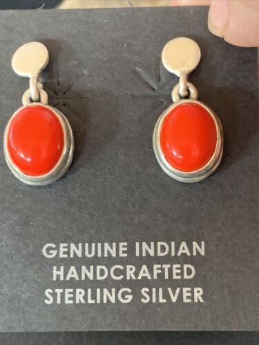 Native American Navajo Red Coral Dangle Earrings | Sterling Silver | 1" | 13114 - Masha USA