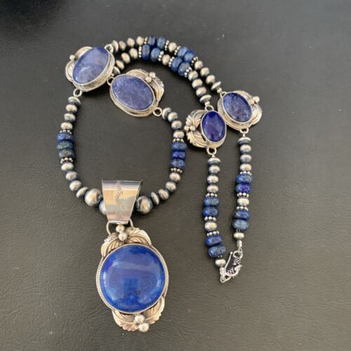 Navajo Pearl Sterling Silver Blue Lapis Necklace with 5 Pendants | Authentic Native American Handmade | 10864