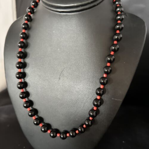 Men's Navajo Bamboo Coral Black Onyx Necklace | Sterling Silver | 20" | Authentic Native American Handmade | 14365