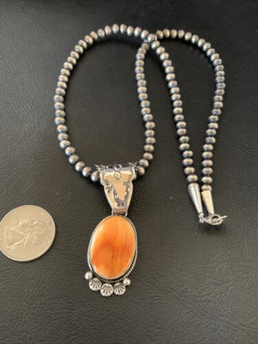 Navajo Orange Spiny Oyster Pendant Necklace | Sterling Silver | Authentic Native American Handmade | 13085