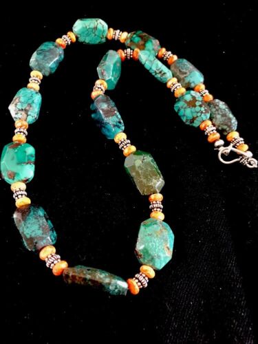 Navajo Green Turquoise Spiny Oyster Bead Necklace | Sterling Silver | Southwestern Handmade | 22" | 3221