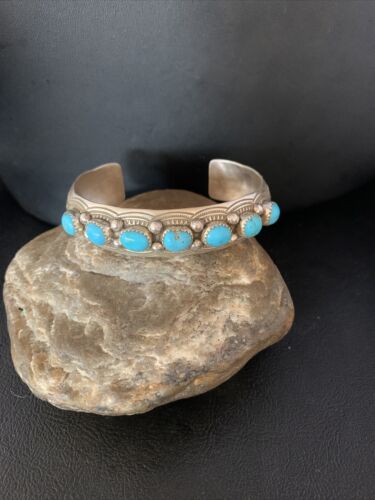 Men's Blue Kingman Turquoise Cuff Bracelet | Sterling Silver | 7 Stone | Authentic Native American Handmade | 14137 - Masha USA