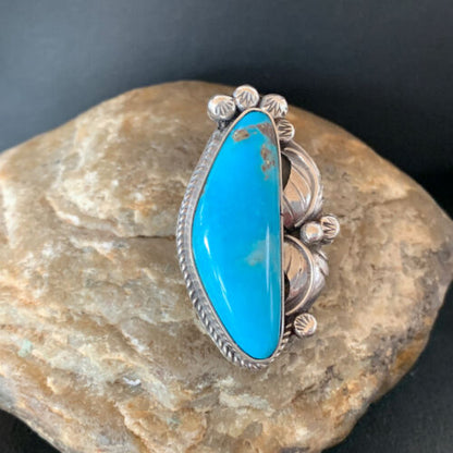 Navajo Blue Kingman Turquoise Ring | Sterling Silver Feather | Sz 9.5 | 10854