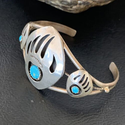 Navajo Turquoise Bear Paw Cuff Bracelet | Sterling Silver | Authentic Native American Handmade | 12874