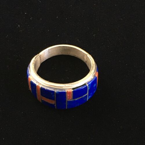 Navajo Multi-Stone Lapis Coral Inlay Ring | Sterling Silver | Sz 9.75 | Authentic Native American Handmade | 10102