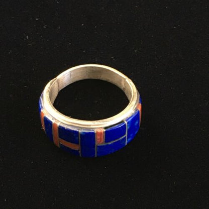 Navajo Multi-Stone Lapis Coral Inlay Ring | Sterling Silver | Sz 9.75 | Authentic Native American Handmade | 10102