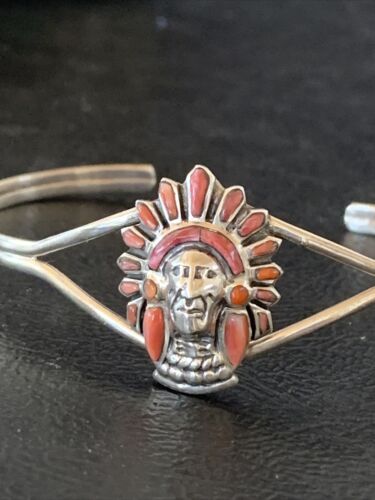 Native American Indian Head Coral Cuff Bracelet | Sterling Silver | Authentic Handmade | 1691 - Masha USA