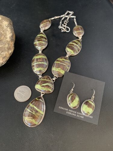 Navajo Green Gaspeite Necklace Choker Earrings Set | Sterling Silver Pendant | 19" | Authentic Native American Handmade | 13793