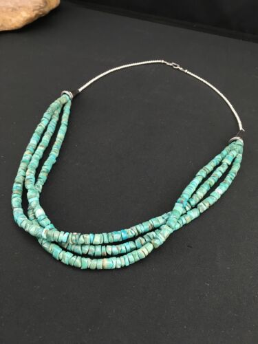 Native American Sterling Silver 3-Strand Turquoise Heishi Necklace | 27" | 6mm Beads | 1138 - Masha USA