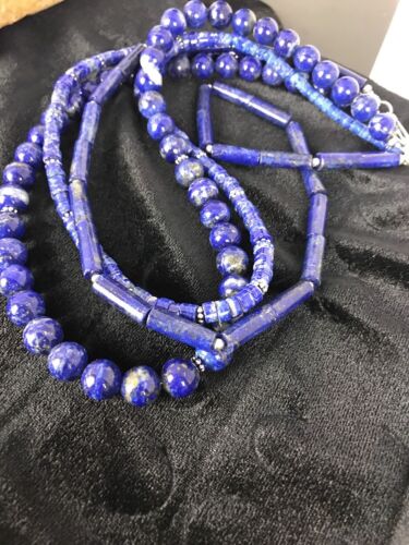 Navajo Denim Lapis 3 Strand Necklace | Sterling Silver | 22" | Authentic Native American Handmade | 3666