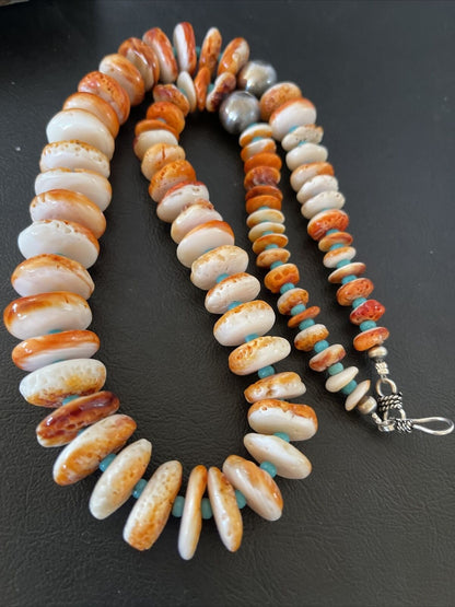 Authentic Native American Navajo Turquoise & Orange Spiny Oyster Necklace | Sterling Silver | Graduated | 22" | 10588