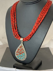 Navajo Coral Turquoise 5-Strand Necklace | Sterling Silver | Authentic Native American Handmade | 00510