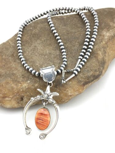 Navajo Pearl Spiny Oyster Naja Pendant | Sterling Silver | 3" | Authentic Native American Handmade | 1307