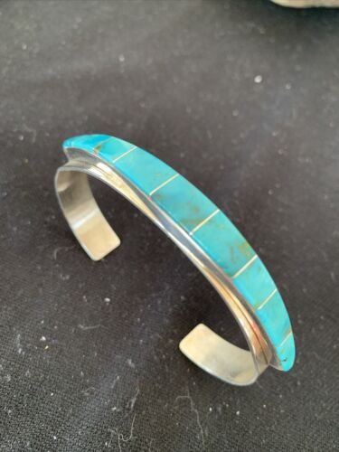 Native American Navajo Blue Turquoise Inlay Bracelet | Sterling Silver | Authentic Handmade | 00986
