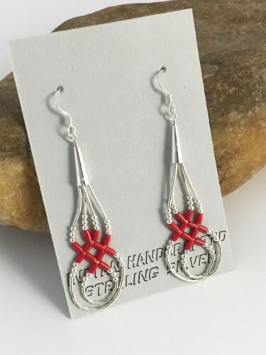 Native American Red Coral Heishi Tube Dangle Earrings | Sterling Silver | 2" | 8877