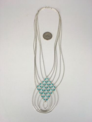 Turquoise Heishi Tubes Pendant | 5-Strand Liquid Sterling Silver Necklace | Authentic Native American Handmade | 8880