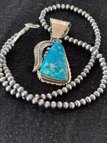 Men's Kingman Turquoise Pendant Necklace | Navajo Pearls | Sterling Silver | Authentic Native American | 4300