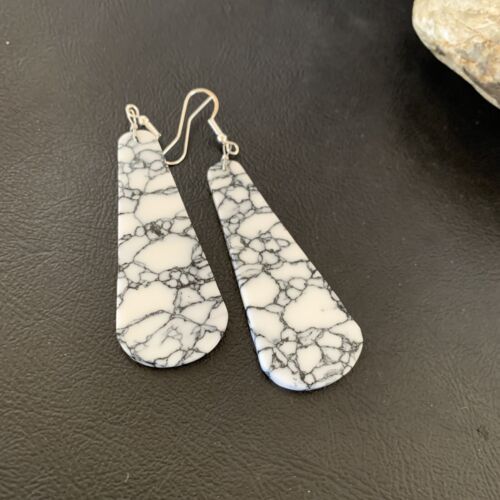 Navajo White Buffalo Turquoise Dangle Earrings | Sterling Silver | 2" | Authentic Native American Handmade | 11751