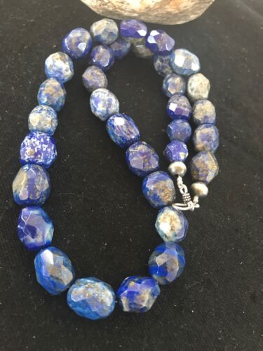 Navajo Chunky Faceted Denim Lapis Beads Necklace | Sterling Silver | Authentic Native American Handmade | 21" | 13973