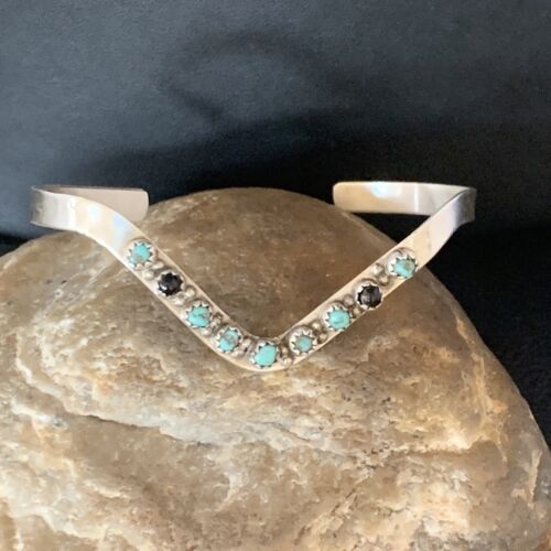 Navajo Old Pawn Cuff Bracelet | Sterling Silver | Handmade Blue Turquoise & Onyx | 13583