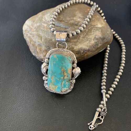 Navajo Pearls Necklace with Blue Royston Turquoise Pendant | Sterling Silver | Native American Handmade | 12289