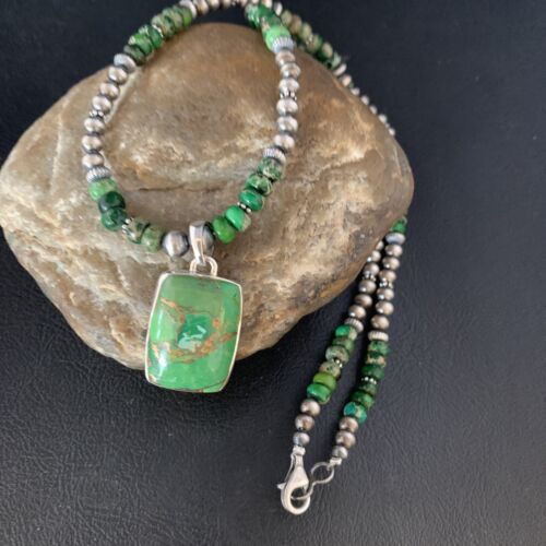 Navajo Pearls Green Mojave Turquoise Pendant Necklace | Sterling Silver | Native American Handmade | 13465