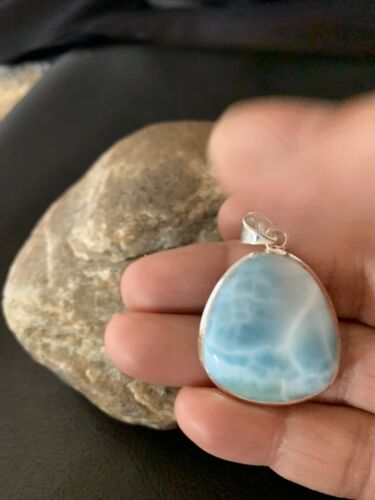Navajo Sterling Silver Beads Necklace | Blue Larimar Pendant | Authentic Native American Handmade | 10831