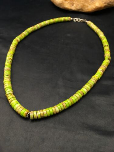 Navajo Green Gaspeite Stabilized Necklace | Sterling Silver | 20" | Authentic Native American Handmade | 4337 - Masha USA