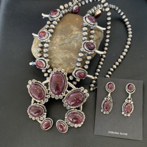 Navajo Purple Squash Blossom Naja Necklace Pendant | Sterling Silver Spiny | Authentic Native American Handmade | 12181