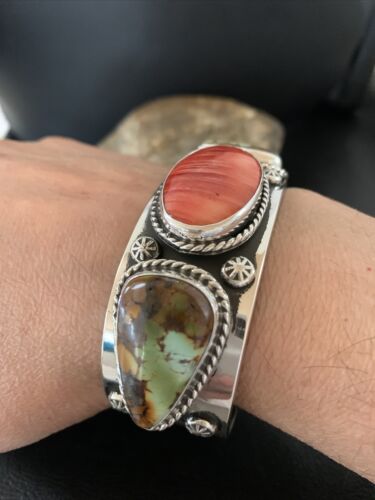 Navajo Green Royston Turquoise Spiny Oyster Cuff Bracelet | Sterling Silver | Authentic Native American Handmade | 1379