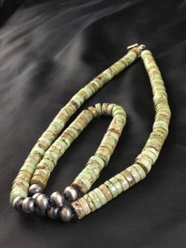 Navajo Men's Green Turquoise Heishi Necklace | Sterling Silver | 8mm | 22" | Authentic Native American Handmade | 10137