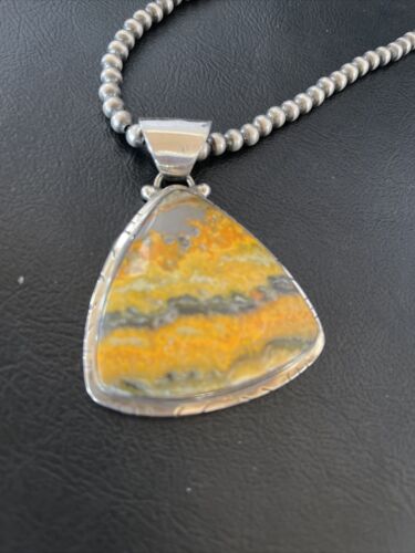 Men's Navajo Pearls Necklace with Bumblebee Jasper Pendant | Sterling Silver | Authentic Native American Handmade | 10558