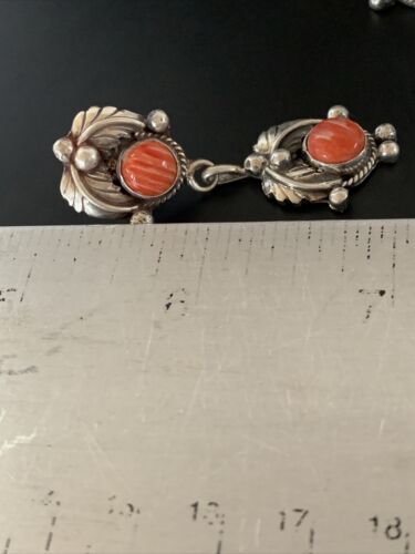 Native American Handmade Navajo Red Spiny Oyster Dangle Earrings | Sterling Silver | 2061