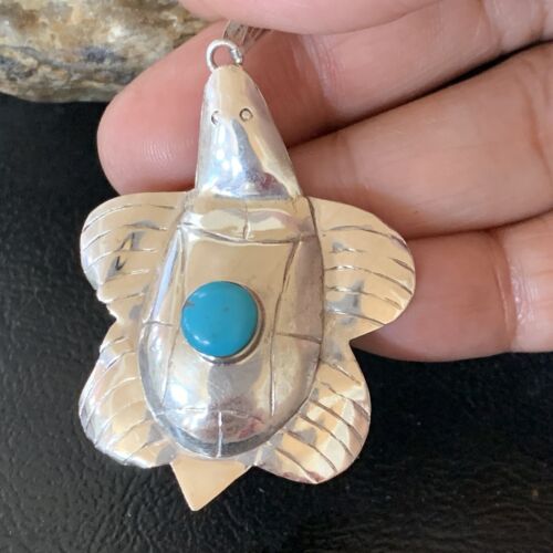 Navajo Blue Turquoise Turtle Pendant | Sterling Silver | Authentic Native American Handmade | 12804