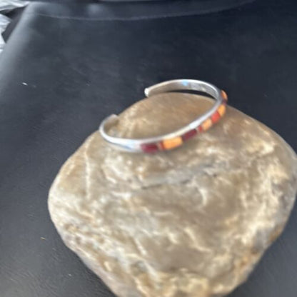 Purple Red Orange Spiny Oyster Inlay Cuff Bracelet | Navajo Sterling Silver | Handmade Jewelry 14393