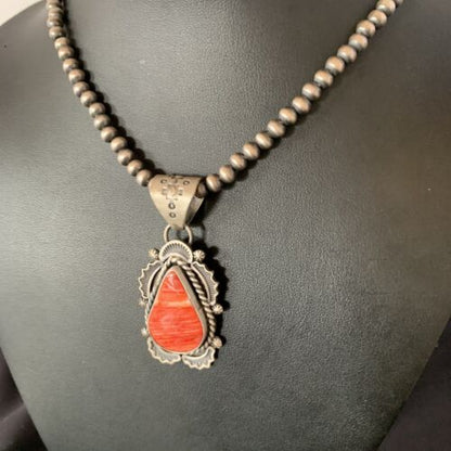 Navajo Red Spiny Oyster Pendant | Sterling Silver | 2" | Authentic Native American Handmade | 13320