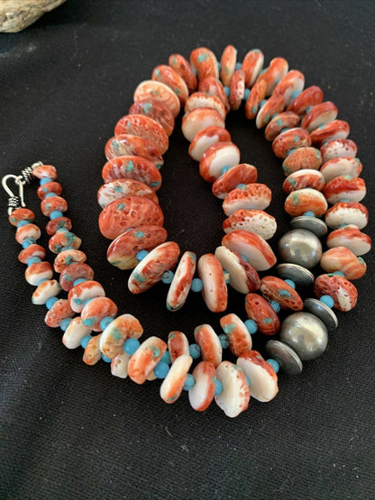 Navajo Red Spiny Oyster & Turquoise Necklace | Sterling Silver Graduated Navajo Pearls | Authentic Native American | 28" | 00912