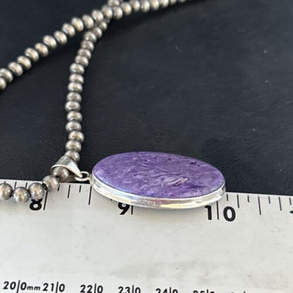 Navajo Pearls Necklace with Purple Charoite Pendant | Sterling Silver | Authentic Native American Handmade | 14464