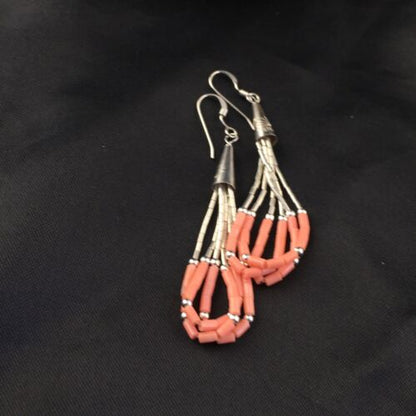 Native American Liquid Silver Heishi Dangle Earrings | Pink Coral | Sterling Silver | 2" | 2029