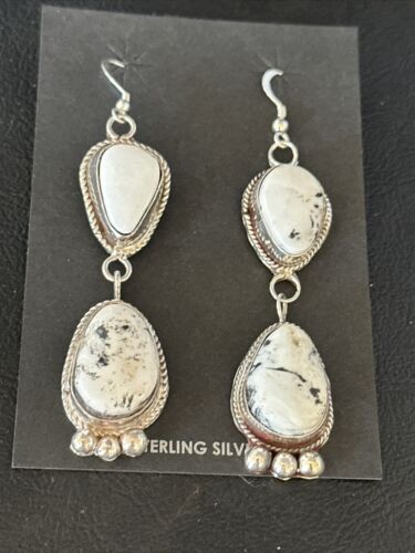 Navajo White Buffalo Turquoise Dangle Earrings | Sterling Silver | 2.5" | Authentic Native American Handmade | 14800