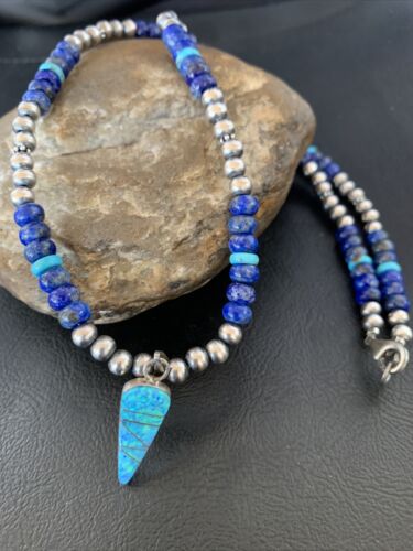 Men's Navajo Pendant | Blue Lapis Turquoise Opal Sterling Necklace 22" | 13385