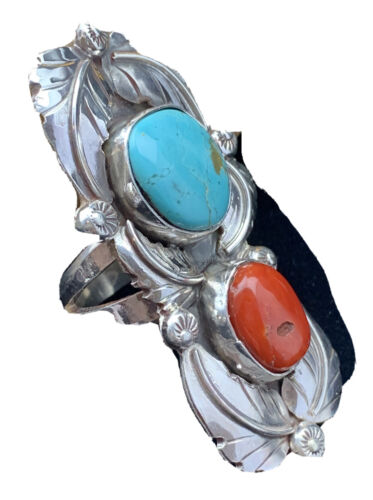 Navajo Royston Turquoise, Coral, and Multi-Stone Men's Ring | Authentic Native American Sterling Silver | Sz 8 | 1808