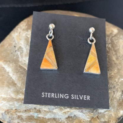 Navajo Orange Spiny Oyster Inlay Earrings | Sterling Silver | Minimalist Dangle | 12678