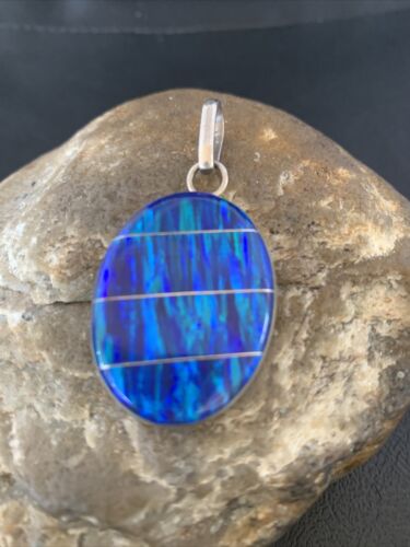 Navajo Sterling Silver Peacock Blue Opal Inlay Pendant | Men's Women's | Authentic Native American | 13141