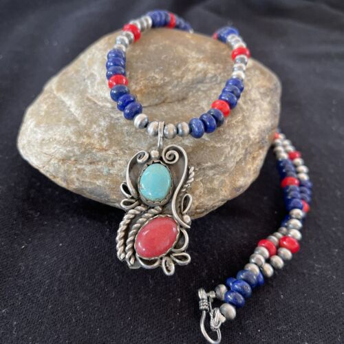 Navajo Pearls Sterling Silver Pendant Necklace | Lapis, Turquoise & Coral | Native American Handmade | 01176