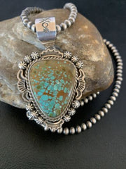 Navajo Blue #8 Turquoise Pendant Necklace | Sterling Silver | Authentic Native American Handmade | 10227