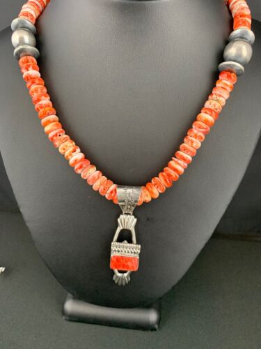 Navajo Red Spiny Oyster Pendant Necklace | Sterling Silver | Authentic Native American Handmade | 4784