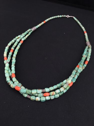 Navajo Green Royston Turquoise Spiny Oyster Necklace | Sterling Silver | 3-Strand 26" | 1140